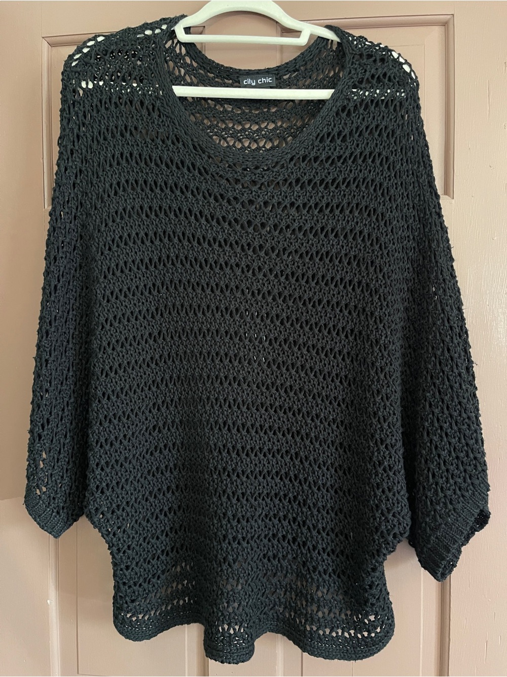 City Chic L/20 Black Open Crochet Knit Bat Wing Sweater